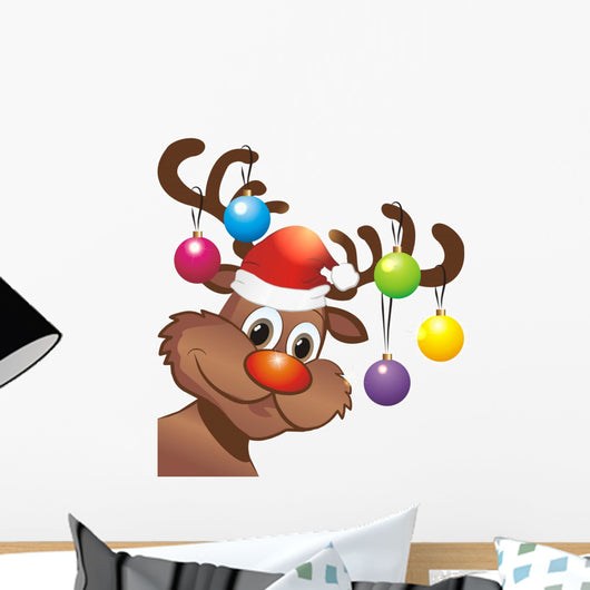 Rudolph Reindeer with Santa Hat and Christmas Baubles Wall Decal