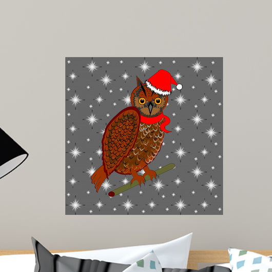 A Christmas owl on a snowing background Wall Mural