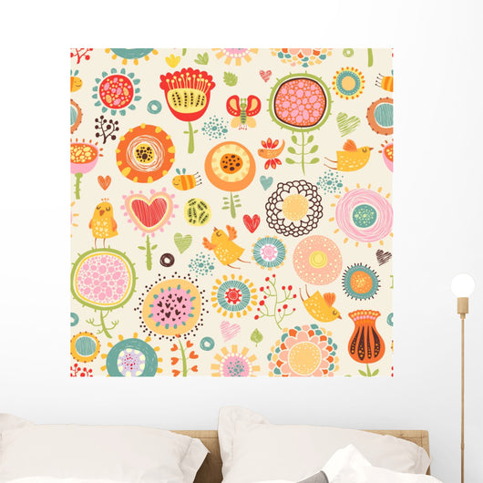 Floral with Birds Seamless Wall Decal