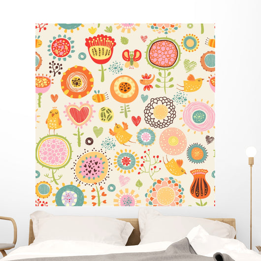 Floral with Birds Seamless Wall Decal