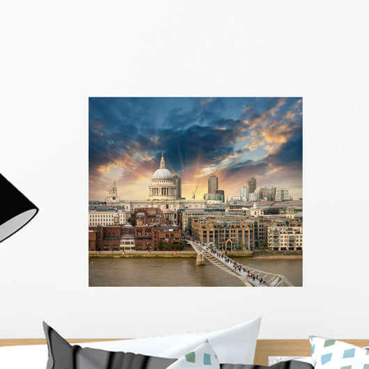 London. Beautiful aerial view of Millennium Bridge and St Paul C Wall Mural