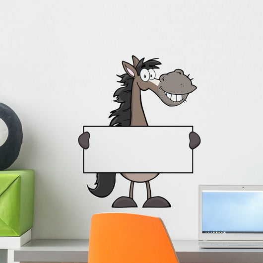 Grey Horse Cartoon Mascot Character Holding A Banner Wall Decal