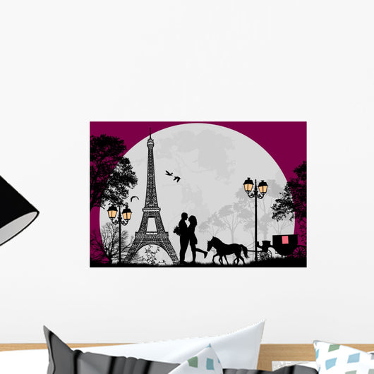 Carriage and lovers at night in Paris