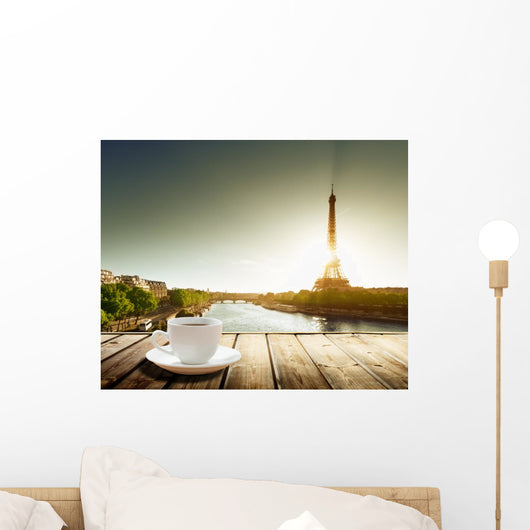 coffee on table and Eiffel tower in Paris