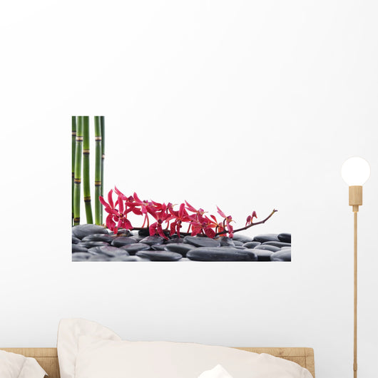Branch Red Orchid with Thin Bamboo Grove on Pebbles