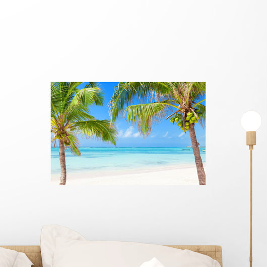 Tropical beach with coconut palms and transparent waters
