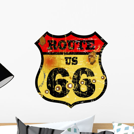 vintage route 66 road sign, bullet holes, vector illustration