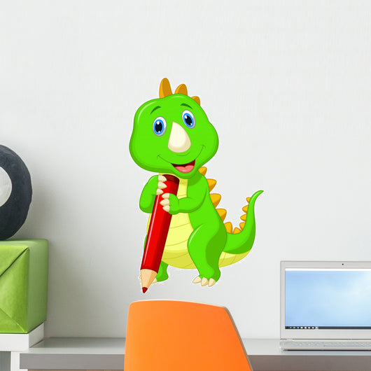 Cute dinosaur cartoon holding red pencil Wall Decal