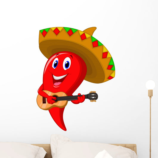 Chili pepper mariachi wearing sombrero playing a guitar Wall Decal
