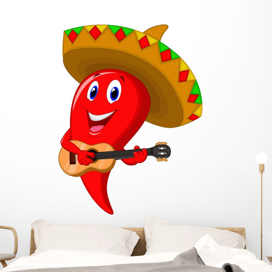 Chili pepper mariachi wearing sombrero playing a guitar Wall Decal