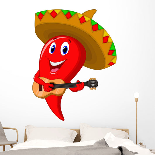 Chili pepper mariachi wearing sombrero playing a guitar Wall Decal