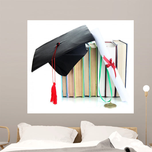 Medal for achievement in education with diploma, hat and books