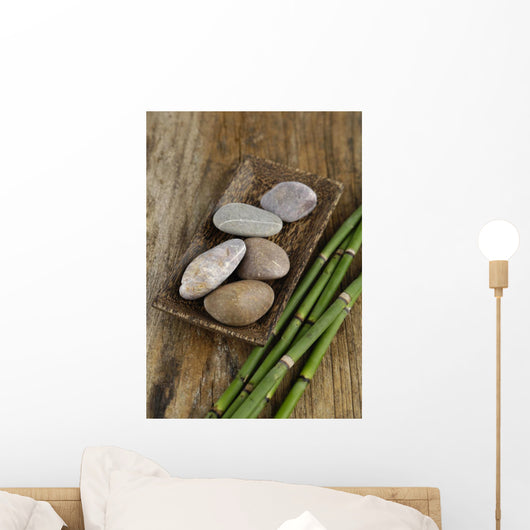 Zen Stones in Wooden Bowl and Green Bamboo Grove on Old Wood Wall Mural