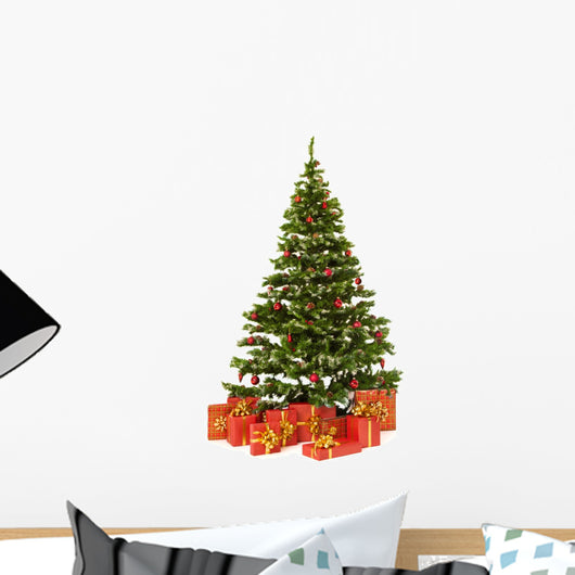 Christmas fir tree and presents gifts box over white background