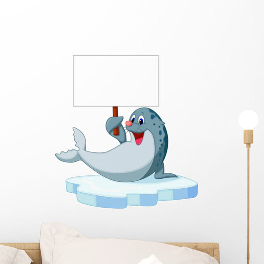 Cute seal cartoon holding blank sign Wall Decal