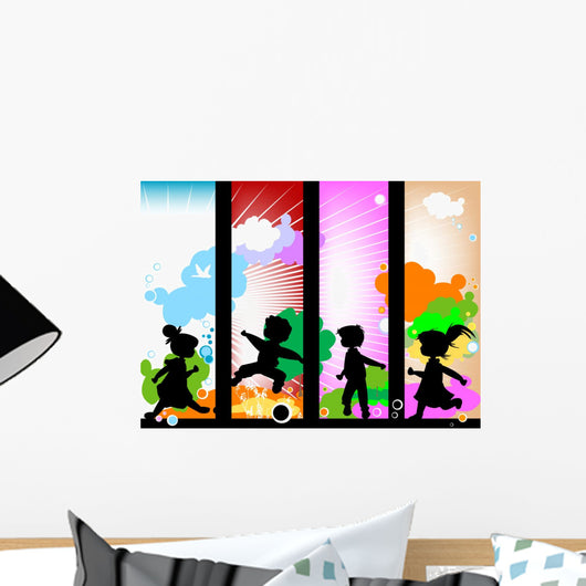 kids silhouettes against a sunny sky Wall Mural