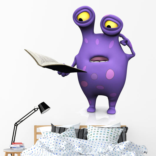 A spotted monster reading book and looking confused.