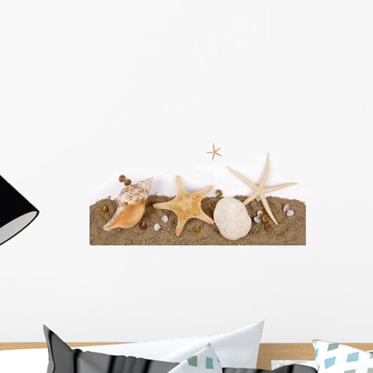 Beach sand with sea shell and star fish postcard Wall Decal