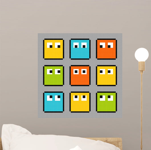 8-bit pixel block characters looking in different directions Wall Mural