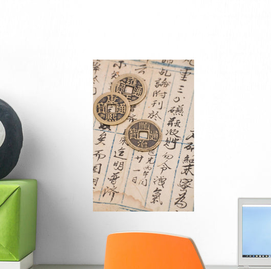 antique chinese book page and coin for background