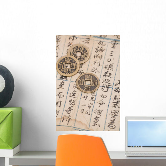 antique chinese book page and coin for background