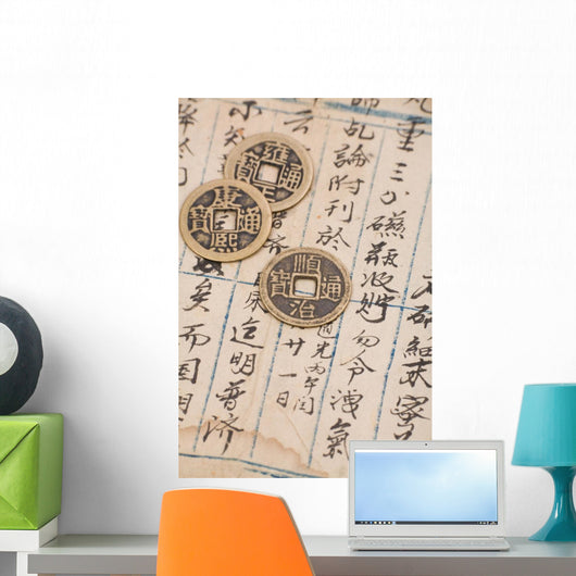antique chinese book page and coin for background