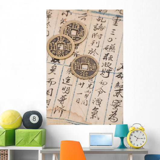 antique chinese book page and coin for background