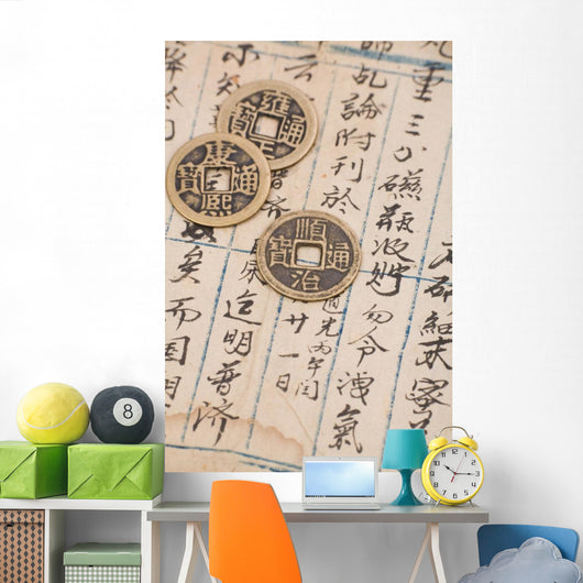 antique chinese book page and coin for background