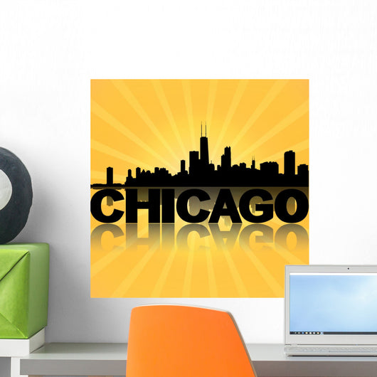 Chicago skyline reflected with sunburst illustration Wall Mural
