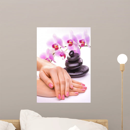 Beautiful Manicure with Pink Orchid on the White Wall Mural