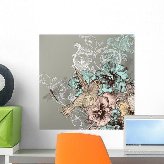 Elegant floral background with flowers and humming birds Wall Mural