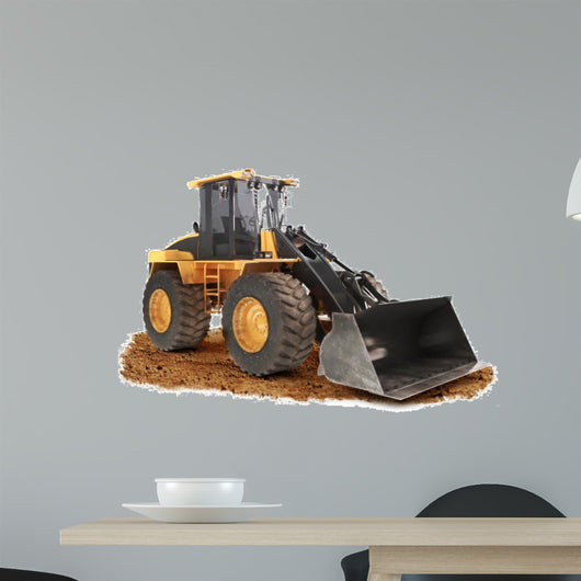Generic construction bulldozer on dirt with a  white background