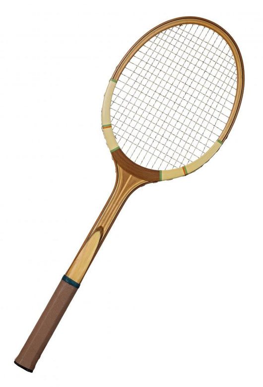 Old wooden tennis racket isolated on white background