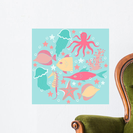 Colorful Set Marine Animals Wall Mural