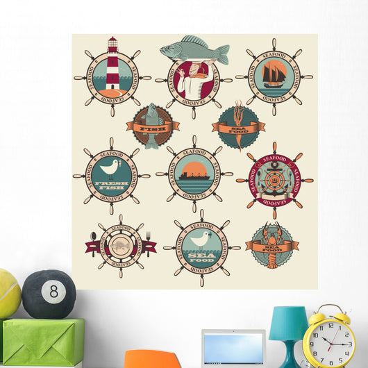 seafood labels, icons, badges template set Wall Mural