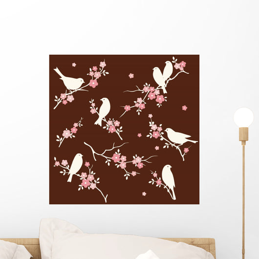Bird on floral twig set Wall Decal