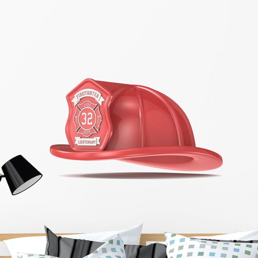 Firefighter Helmet. Classic Red with badge. Isolated. Wall Decal