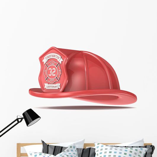 Firefighter Helmet. Classic Red with badge. Isolated. Wall Decal
