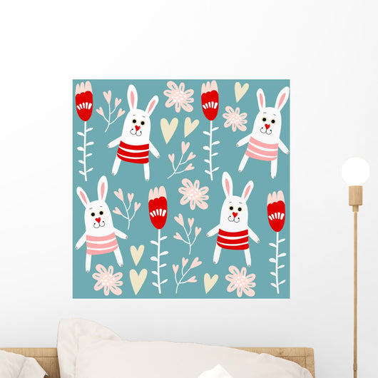Cute seamless pattern with bunnies, hearts and flowers, vector Wall Decal