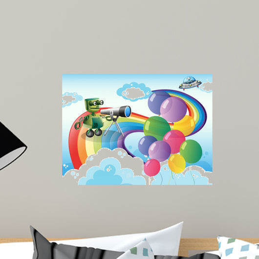 Robots in the sky with a rainbow and balloons