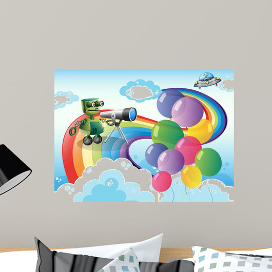 Robots in the sky with a rainbow and balloons