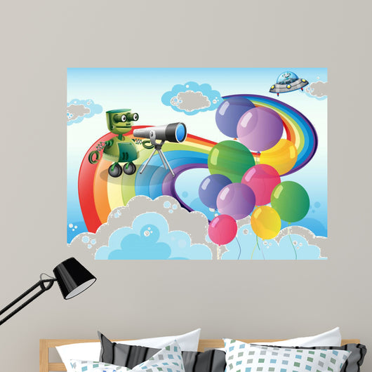 Robots in the sky with a rainbow and balloons
