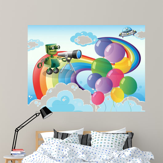 Robots in the sky with a rainbow and balloons