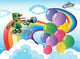 Robots in the sky with a rainbow and balloons