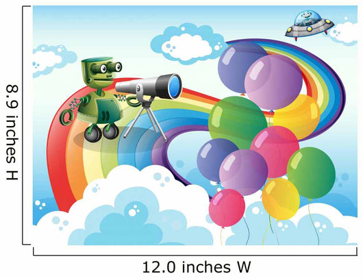 Robots in the sky with a rainbow and balloons