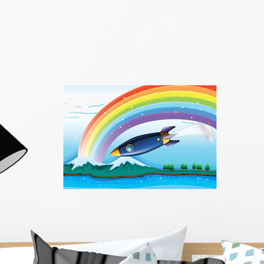 A rainbow with sparkling stars and an aircraft