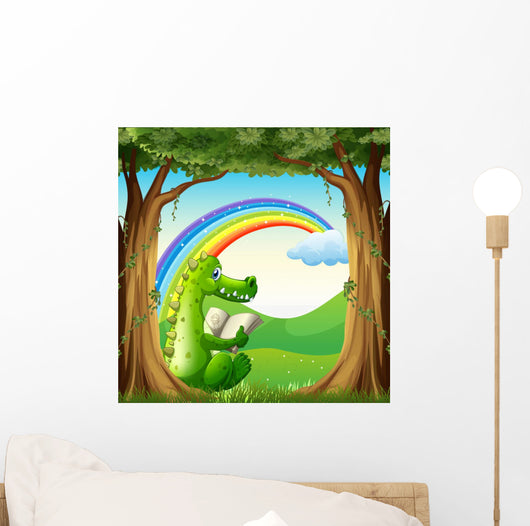 A crocodile reading under the tree below the rainbow