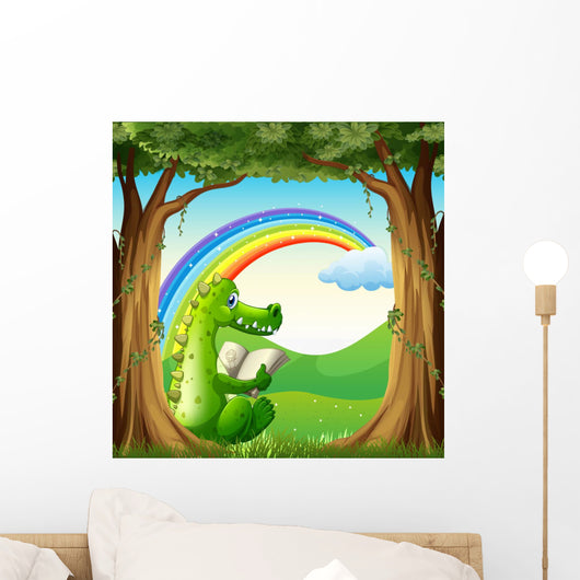 A crocodile reading under the tree below the rainbow