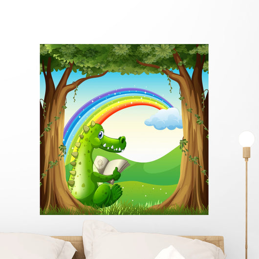 A crocodile reading under the tree below the rainbow