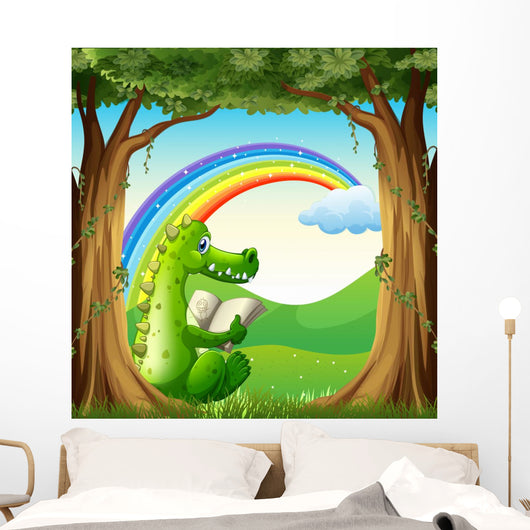 A crocodile reading under the tree below the rainbow